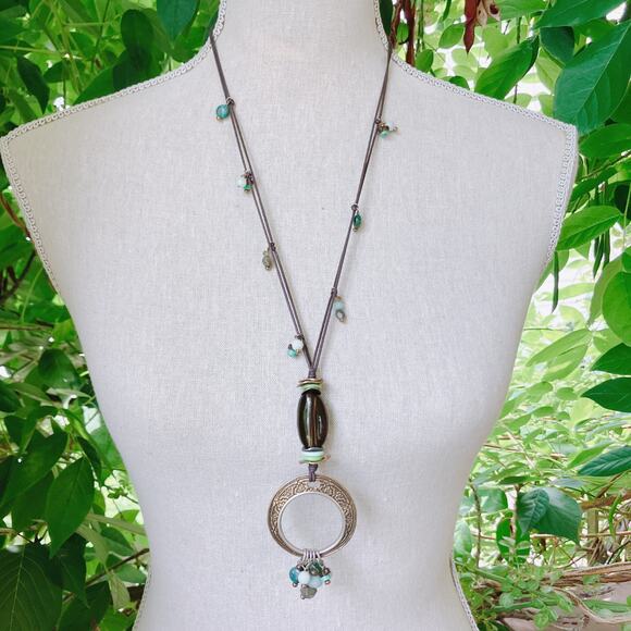 Signed Silpada Necklace N1892 Sterling Gemstone Boho Circle Pendant - Picture 2 of 11